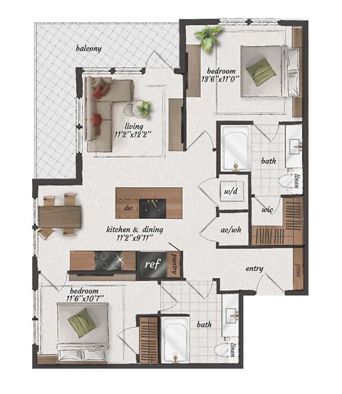 2 Bedroom, 2 Bathroom, 950 Square Feet - B1 Floorplan at St. Elmo Apartments in Austin, TX